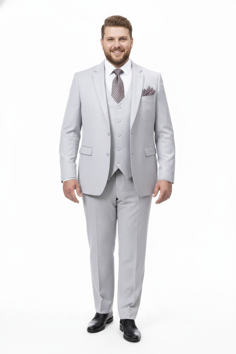 Men’s Very Light Gray Three-Piece  Wedding Suit 2 Buttons Modern or Slim Fit  Ash Bone Color Steel Grey