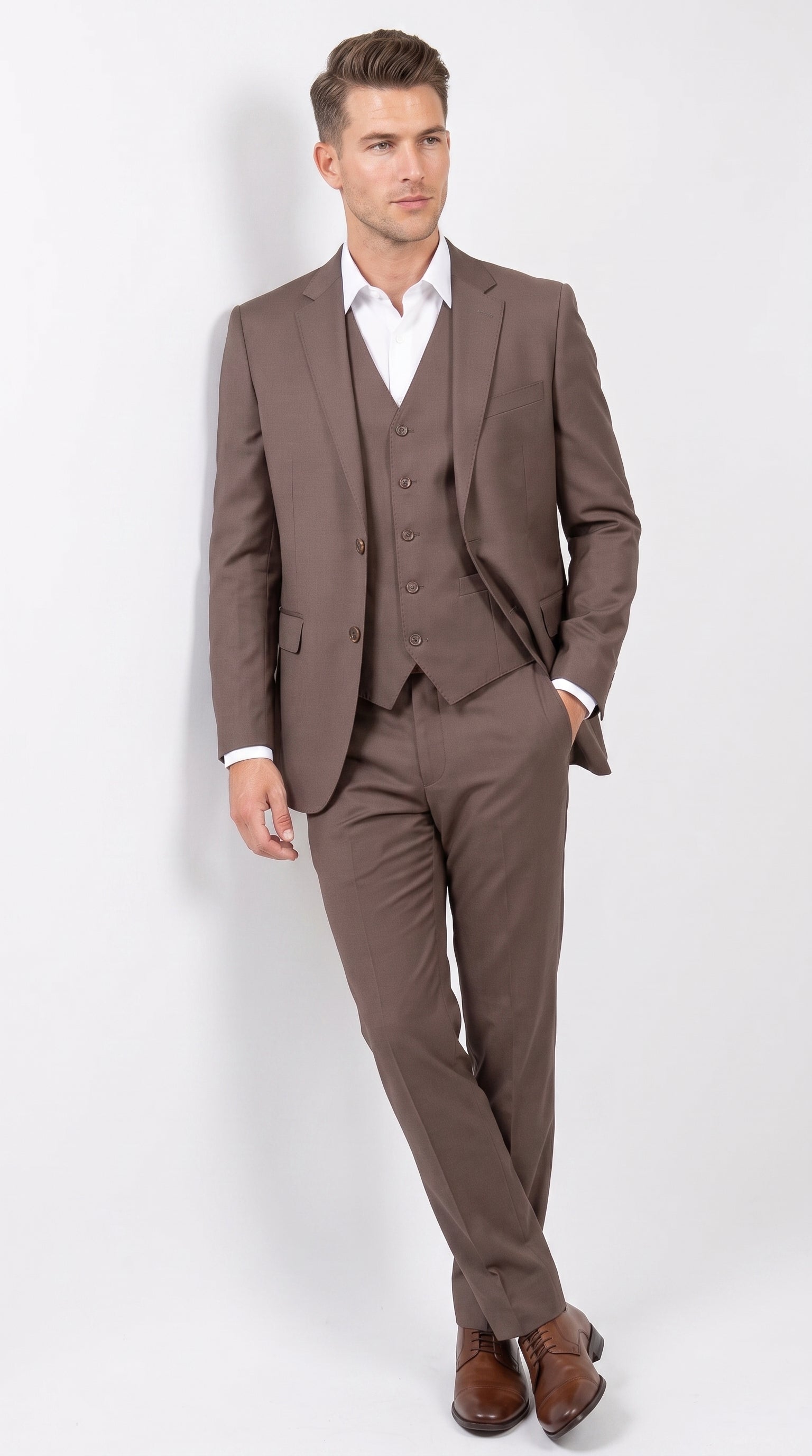 Men’s Zagarie Brand Light Brown Mocha 3-Piece Wool Suit – Modern Wedding, Business and Formal Suit with Pick Stitching