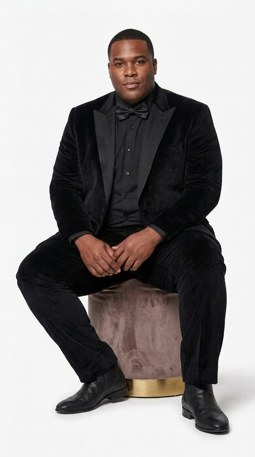Men’s Black Velvet Tuxedo Suit – Peak Lapel Wedding, Prom and Formal Evening Velvet Pants