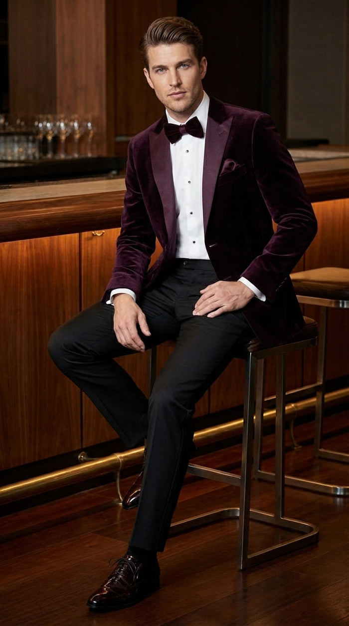 Mens Velvet Blazer Jacket – Luxury Velvet Dinner Jacket for Wedding, Tuxedo Events, Formal Parties in Burgundy Color