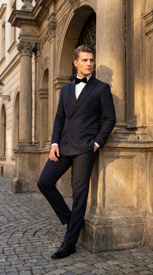 Men’s Navy Blue Double-Breasted Tuxedo – Tone-on-Tone Shadow Pinstripe Formal Wedding and Prom Suit