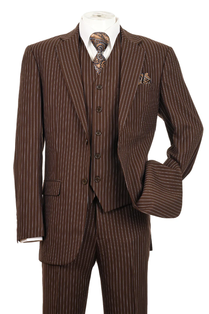Men’s Brown Pinstripe 3-Piece Suit - Classic Fit Business Suit with Vest & Notch Lapel Blazer by Menssuitsatlantain