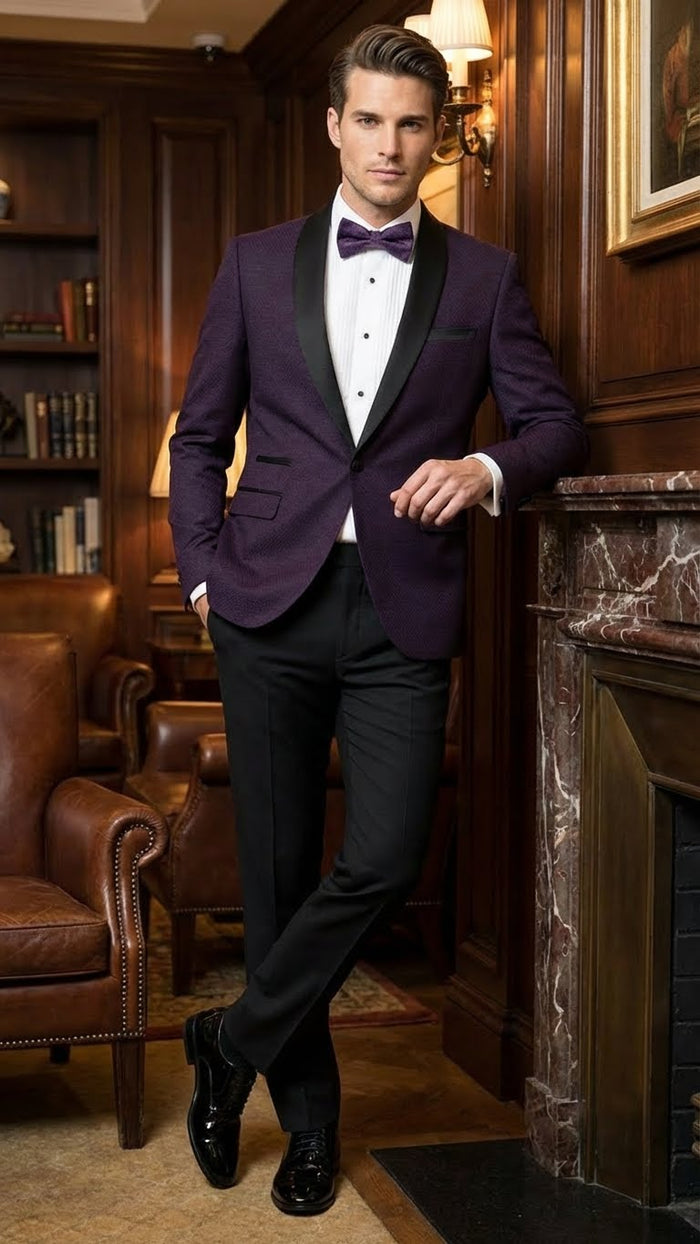 Men’s Eggplant Plum Purple Tuxedo Blazer with Satin Lapel, White Tuxedo Shirt and Matching Purple Bow Tie - Slim Fitted - Prom wedding Suit With Pants USA Men's Outlet