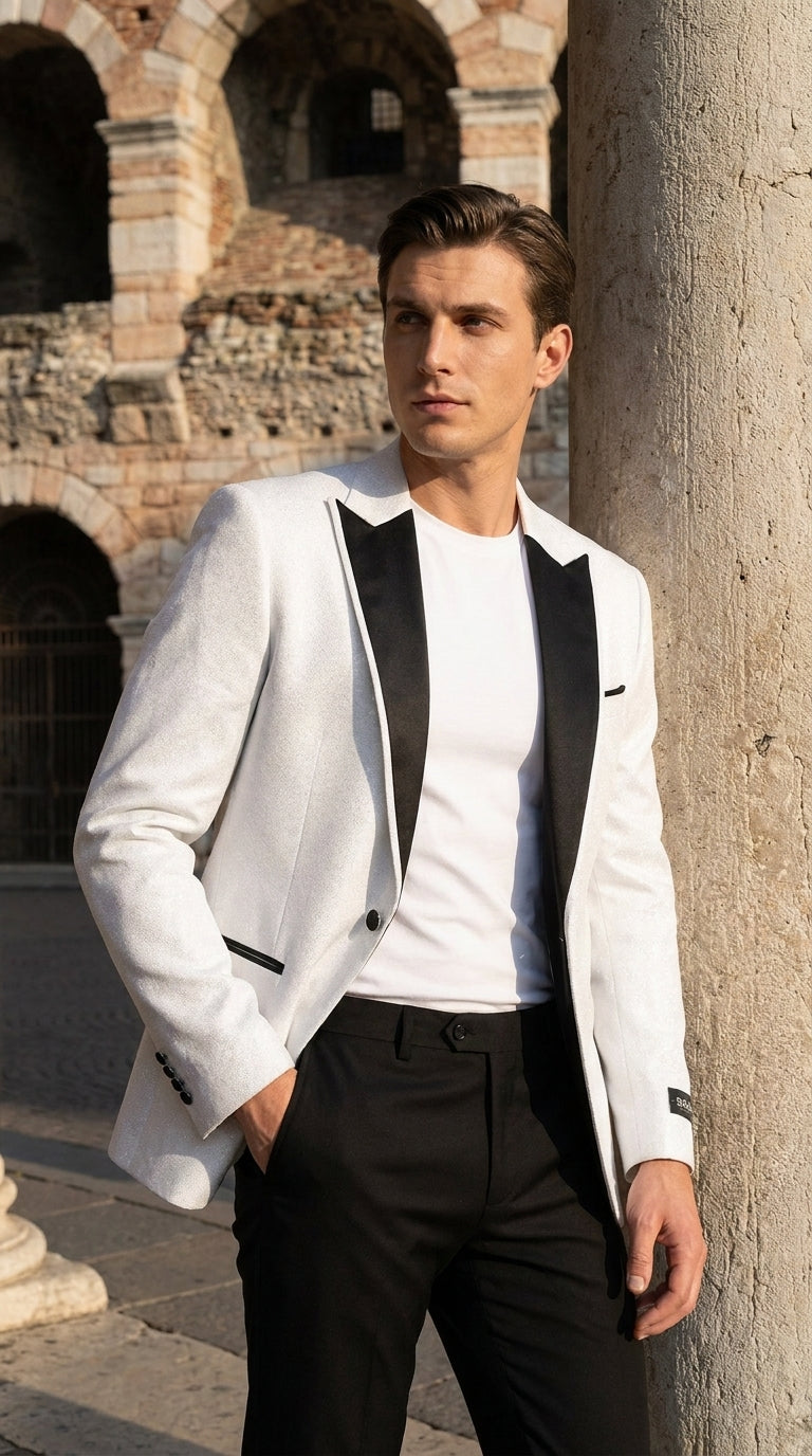 Men's White Sparkle Dinner Jacket – Black Satin Shawl Lapel Tuxedo Blazer   Slim Fit Sequin Shiny Prom Jacket