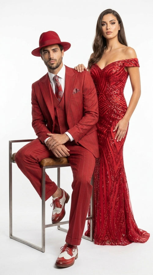 Men’s Red & White Pinstripe 3-Piece Suit by Mazari – Peak Lapel Classic Fit Gangster Suit with Pleated Pants