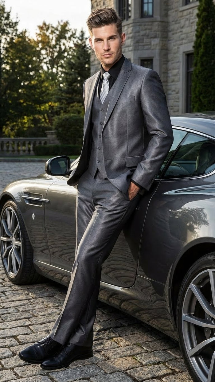 Mens Charcoal Gray Suit With Sheen - - Shiny Texture Fabric Three Piece Wedding and Party Business by USA Men's Outlet