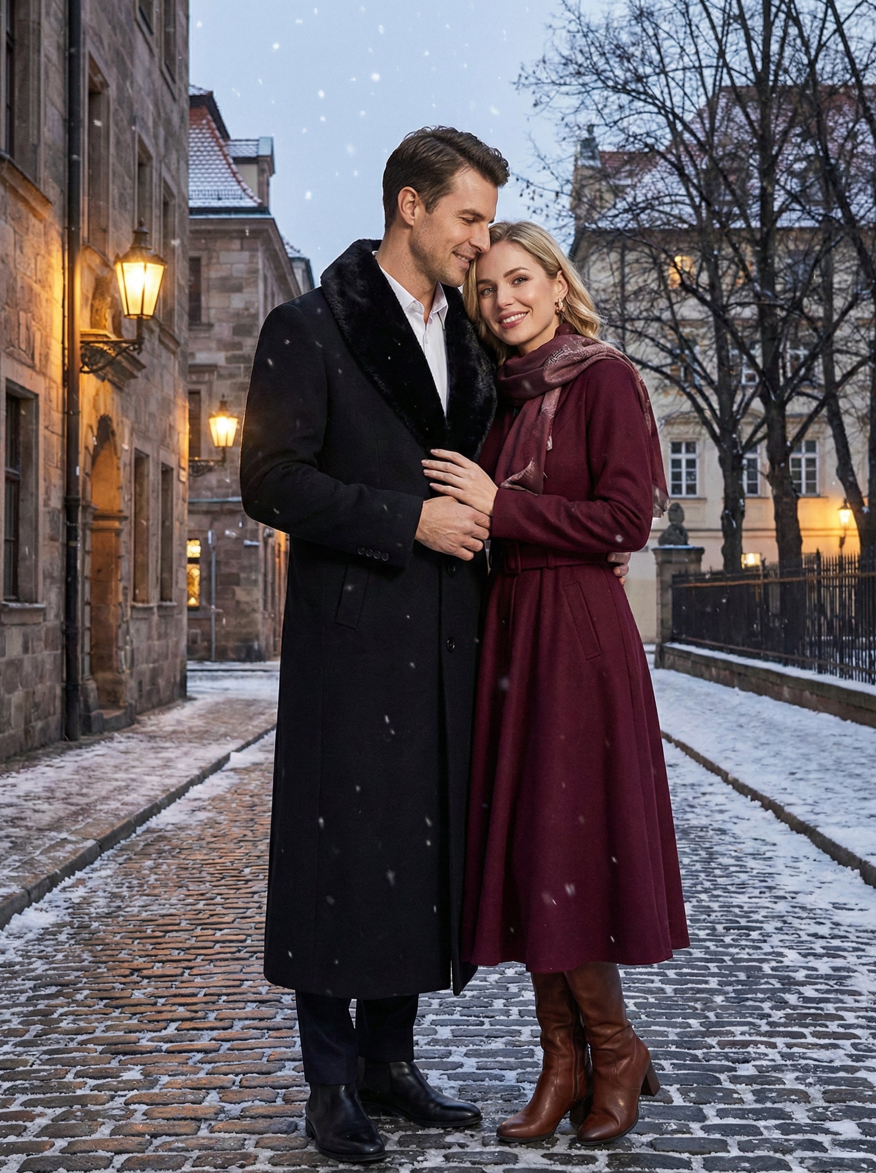 Men’s Black Long Overcoat with Faux Fur Collar, Full Length Winter Topcoat for Formal and Business Wear