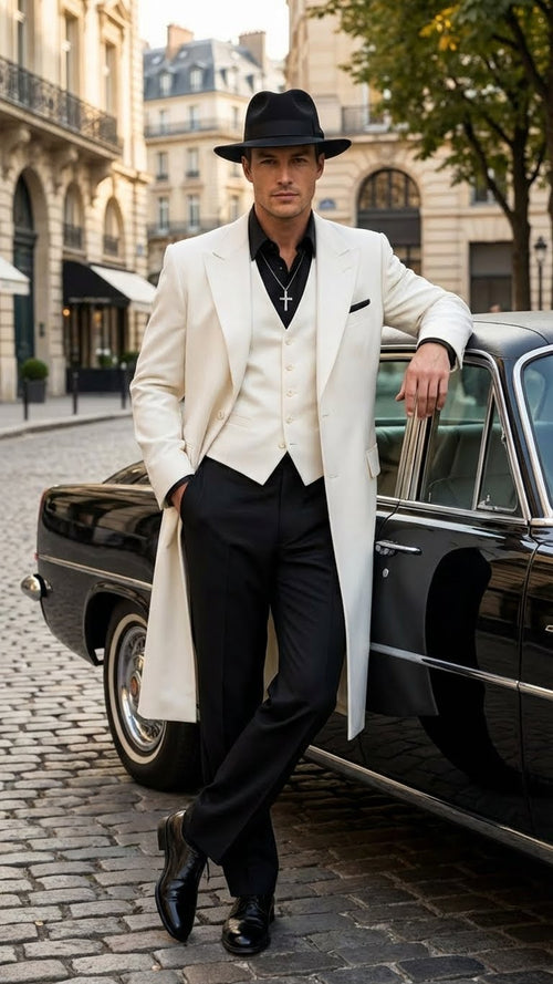 Mens White Long Zoot Suit Costume Set with Black Pants – Wedding, Prom and Party Outfit 1920s - 1930s Gangster Style