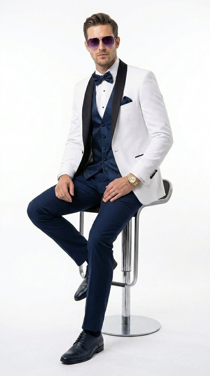 Men’s White and Navy Blue Tuxedo Wedding Suit with Blazer, Vest, Pants and Bow Tie, Formal Groom Suit