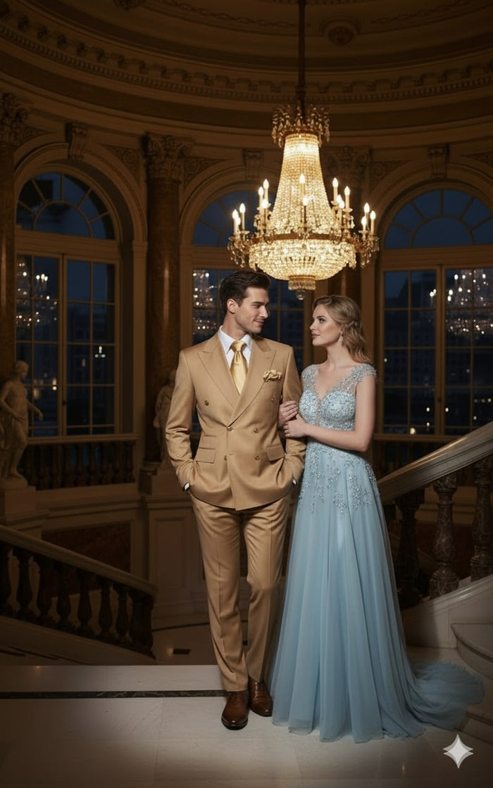 Mens Camel - Bronze - Goldish khaki Double-Breasted Suit - Luxury 2-Piece Formal Set with Gold Buttons and Peak Lapels by Rossi Man USA Men's Outlet