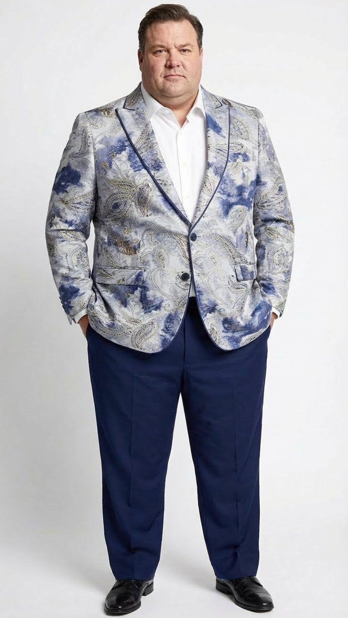 Men’s Navy Blue and Gray Paisley Print Blazer - Prom Jacket for Formal, Party, and Evening Wear by USA Men's Outlet