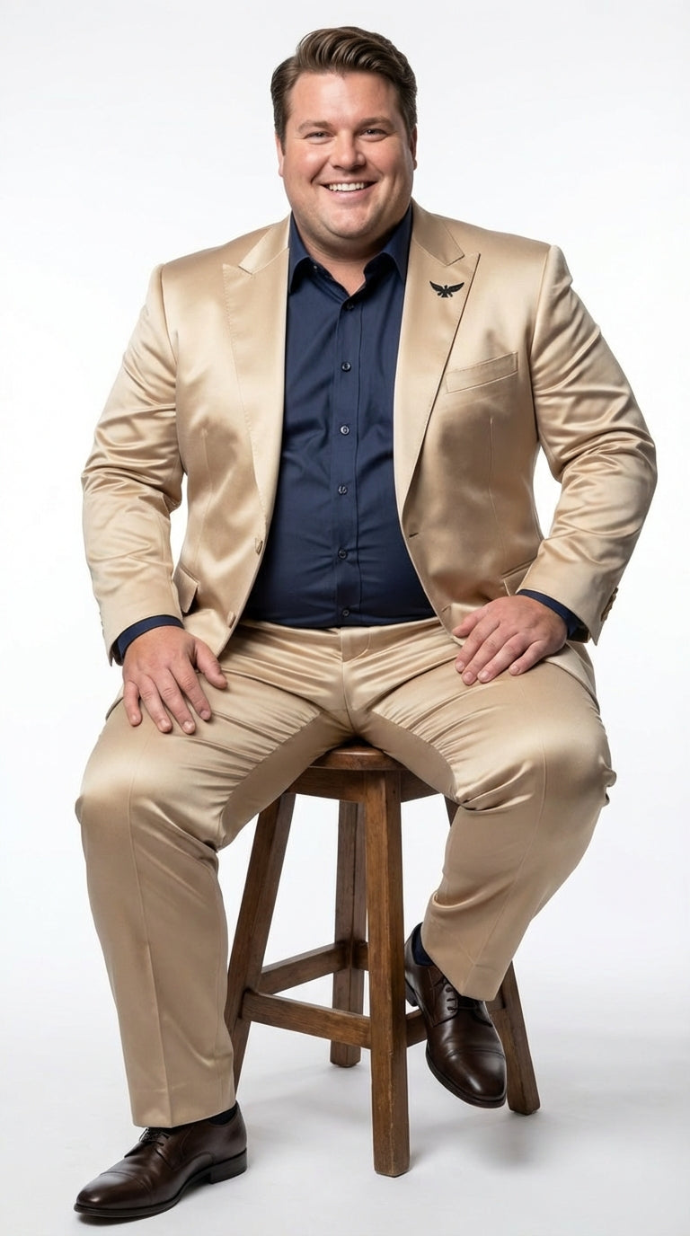 Mens Shiny Champagne Gold Two Piece Suit – Luxury Formal Satin Finish Suit for Wedding, Party and Evening Wear