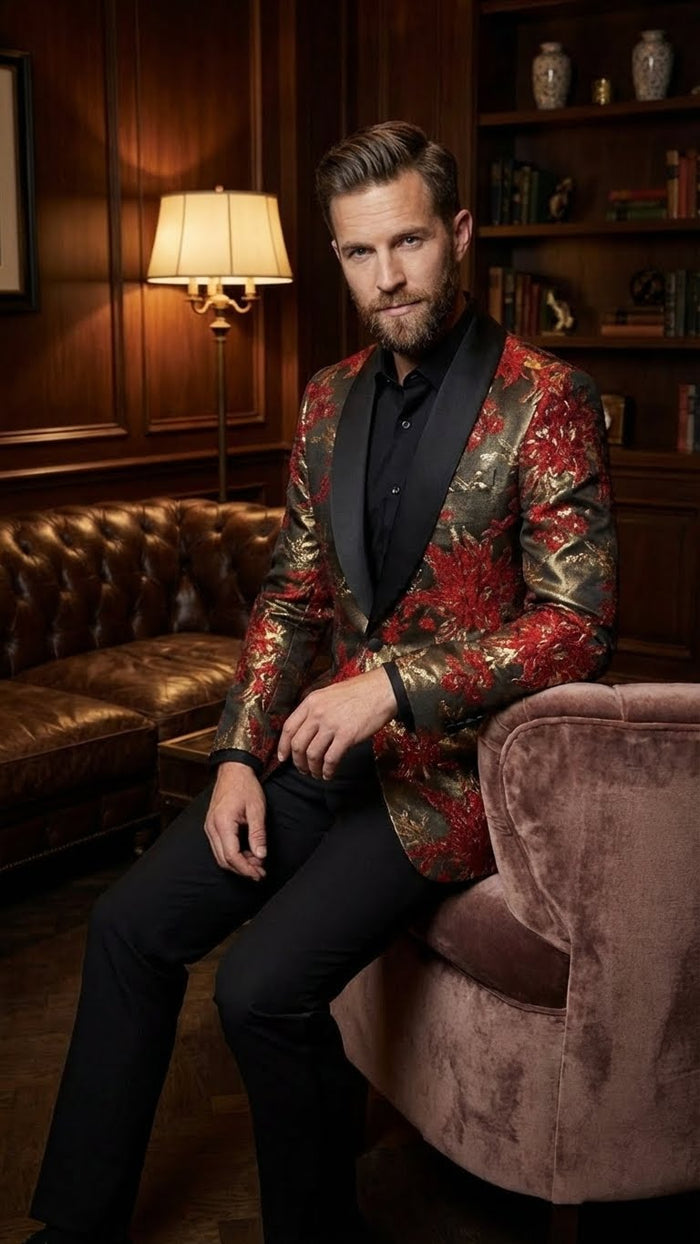 Men’s Red and Gold Floral Pattern Paisley Shawl Lapel - Luxury Evening and Party Wear Jacket Prom Christmas New Year Blazer by USA Men's Outlet