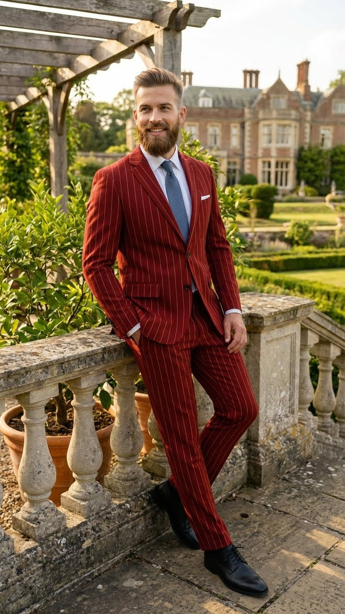 Men’s Red Pinstripe Suit - Stripe Two-Button Vested Suit 2 Buttons by USA Men's Outlet