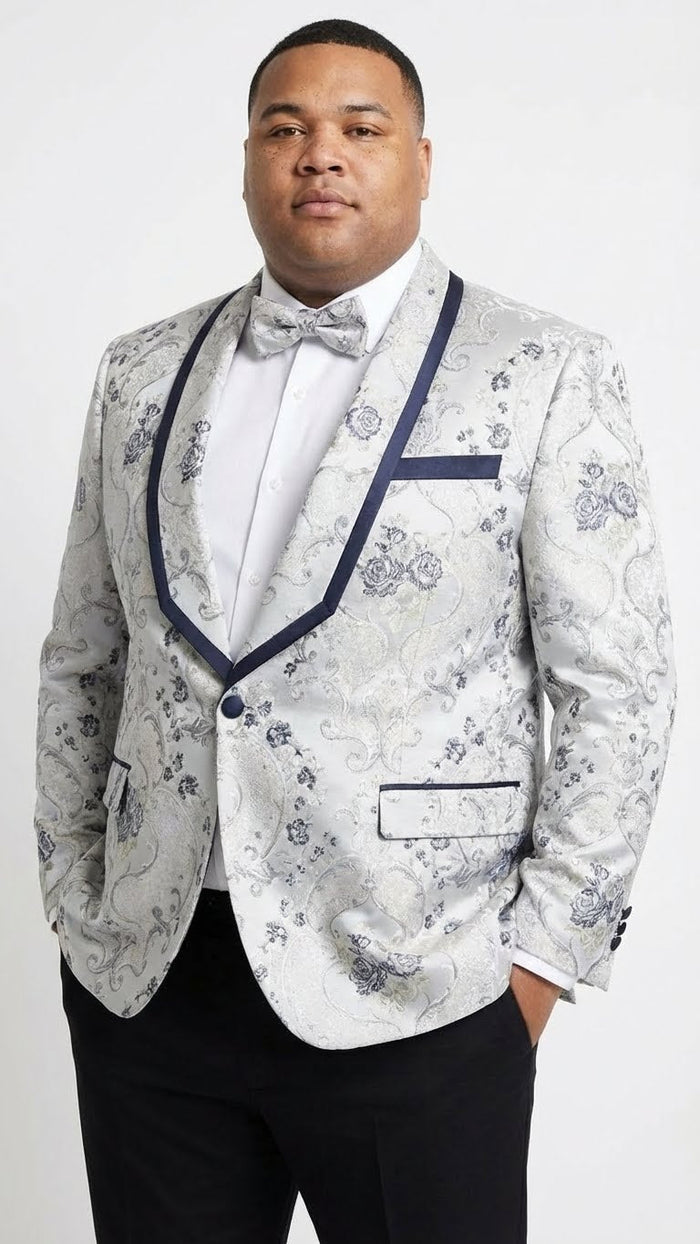 Men’s White and Navy Blue Lapel Floral Jacquard Blazer with Contrast Shawl Lapel - Luxury Wedding and Party Wear Jacket paisley Tuxedo Navy Pants by USA Men's Outlet