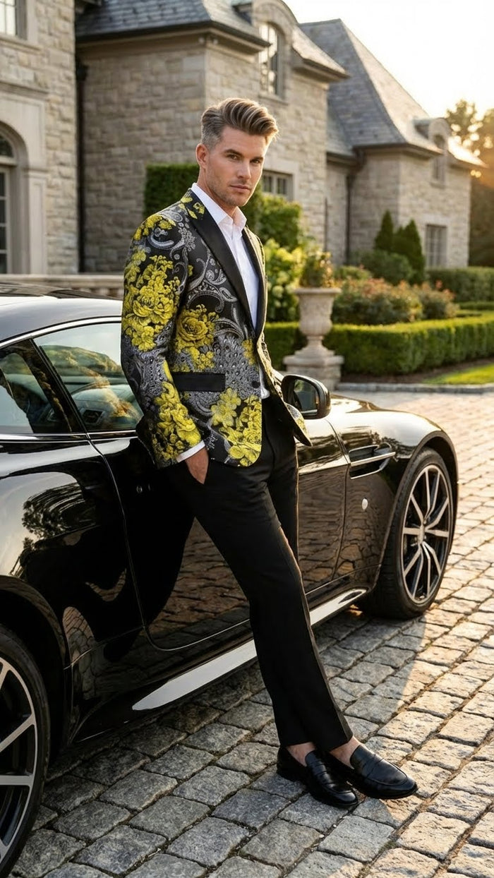 Men’s Yellow Tuxedo Black and Gold Floral Pattern Blazer - Formal Jacket - Prom Dinner Jacket + Black Pants + Bowtie by USA Men's Outlet