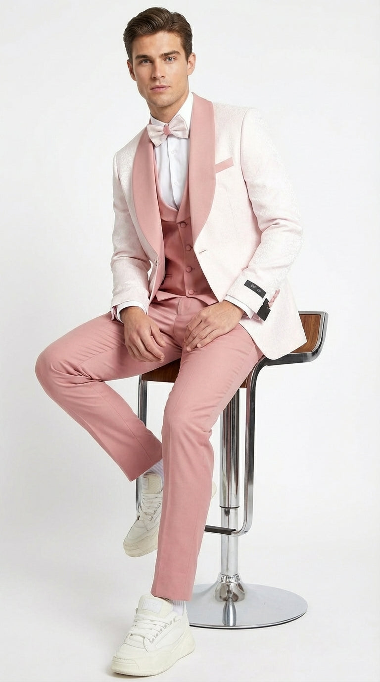 Men’s Cream and Rose Pink Prom Suit – Cream Tuxedo Jacket with Rose Pink Pants and Shawl Lapel Formal Suit for Prom and Wedding