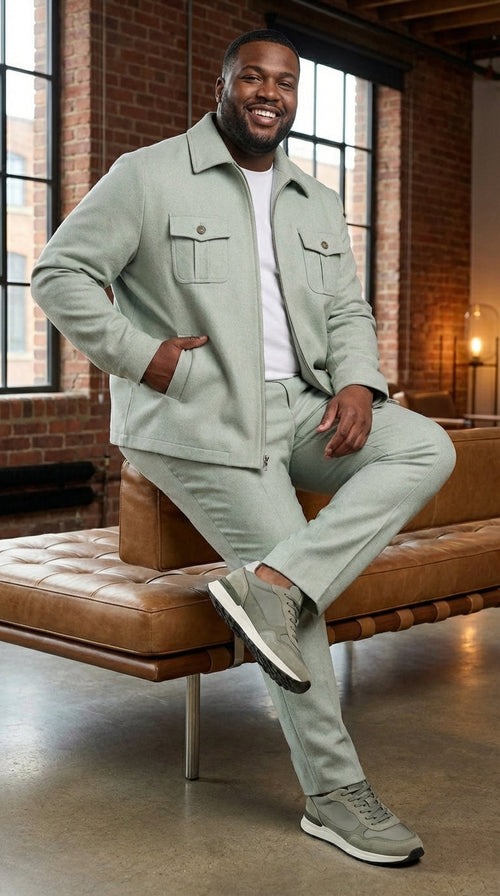 Mens Sage Green Walking Suit Set – Casual Safari Military Jacket and Pants Outfit for Travel