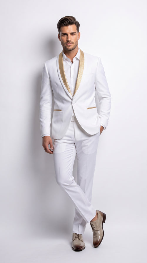 Men’s White and Gold Lapel 2-Piece Tuxedo Suit with Gold Glitter Shawl Lapel – Wedding, Prom and Dinner Jacket