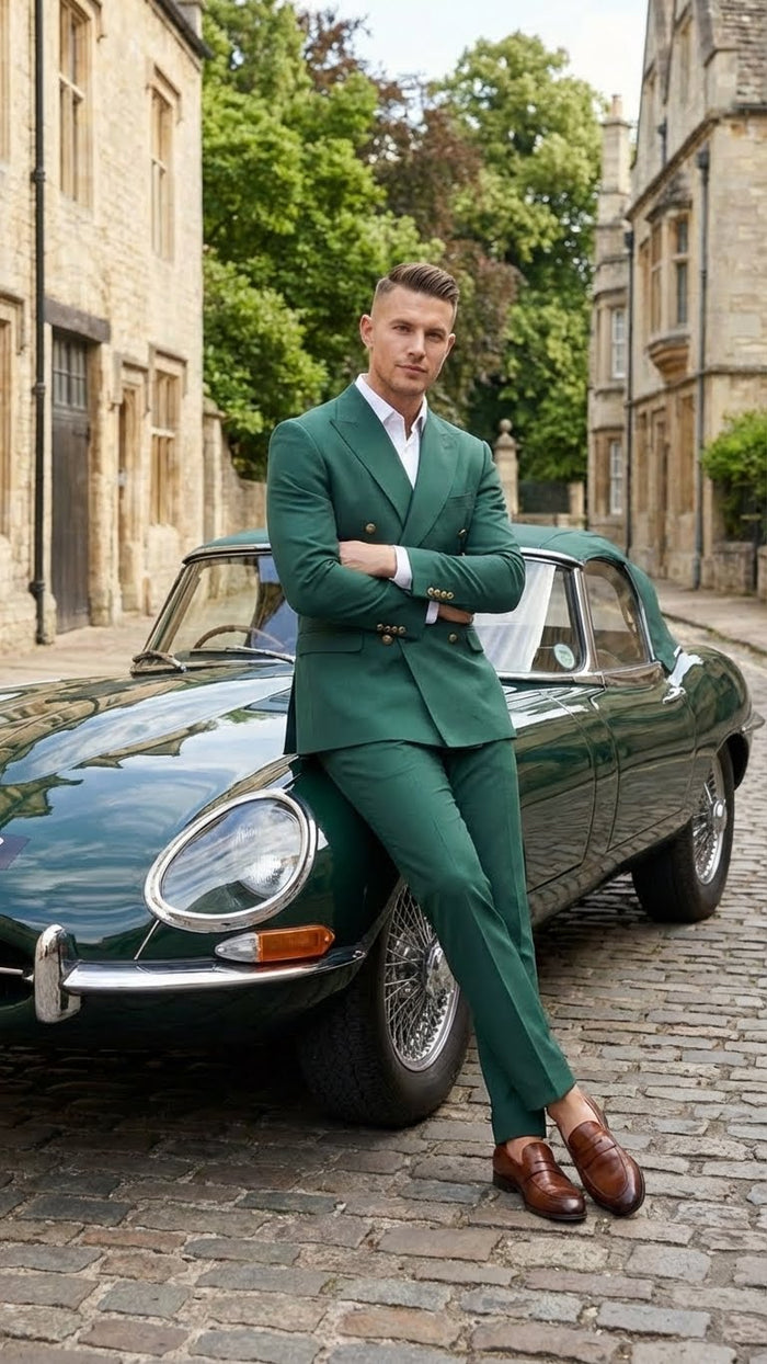 Vitali Brand Men’s Emerald Green Double Breasted Suit - Modern Fit Side Vented by USA Men's Outlet