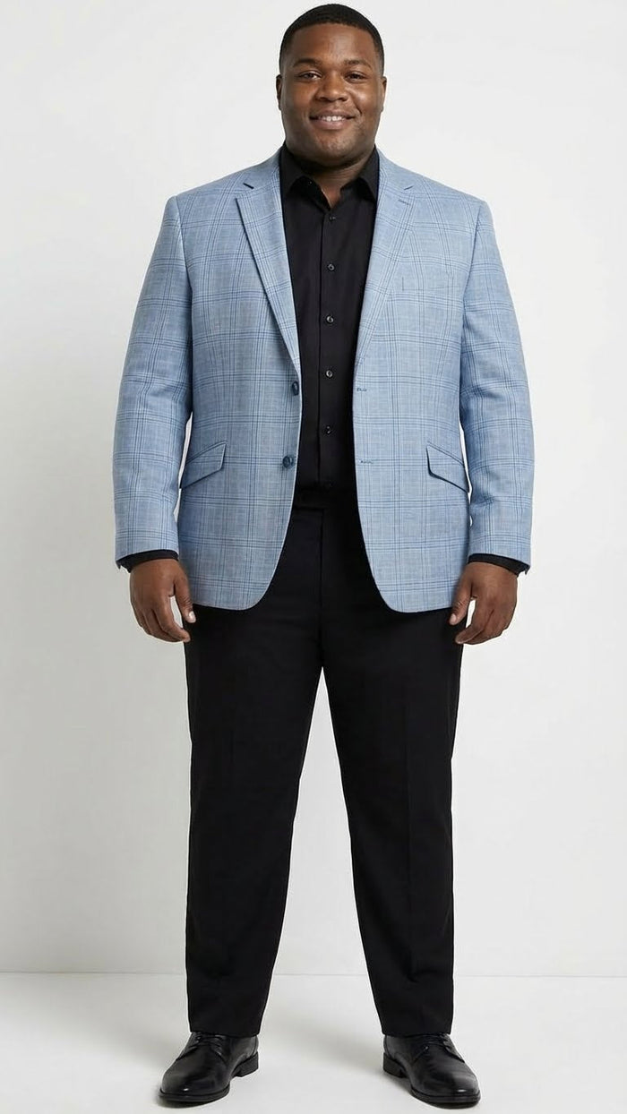 Men’s Big and Tall Light Blue Checkered Blazer and Sport Coat - Sky powder blue windowpane plaid pattern Jacket by USA Men's Outlet