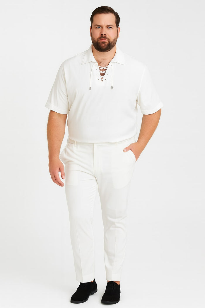 Men’s White Lace-Up Renaissance Shirt - Linen Fabric Short Sleeve Casual Pirate Peasant Top by USA Men's Outlet