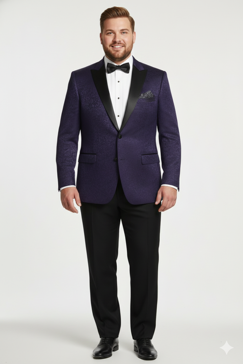 Men’s Purple Paisley Tuxedo Jacket – Ultra Slim Fit Dinner Blazer with Black Satin Peak Lapel