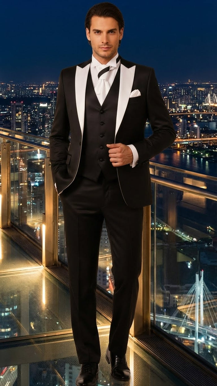 Men’s Black and White Lapel Prom Tuxedo Suit + Black Vest + Black Pants Peak Lapel USA Men's Outlet