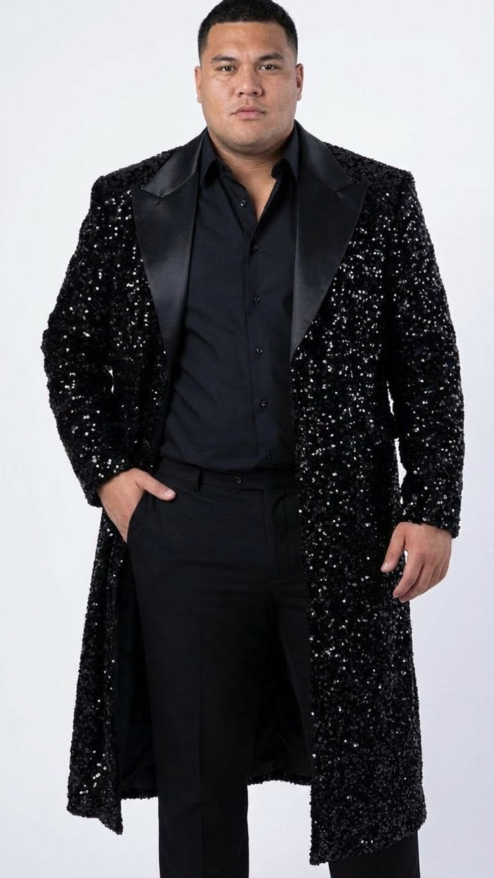 Men’s Black Sequin Long Coat with Satin Shawl Lapel - Luxury Statement Evening Overcoat USA Men's Outlet