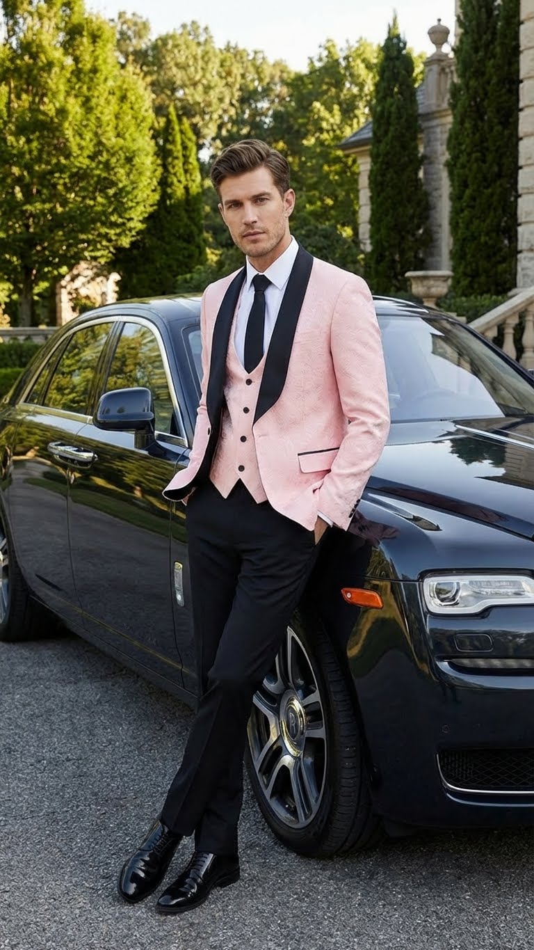 Men’s Blush Pink Tuxedo Suit Set with Black Shawl Lapel - 3 Piece Formal Wedding and Party Prom Vest + Black Pants by USA Men's Outlet