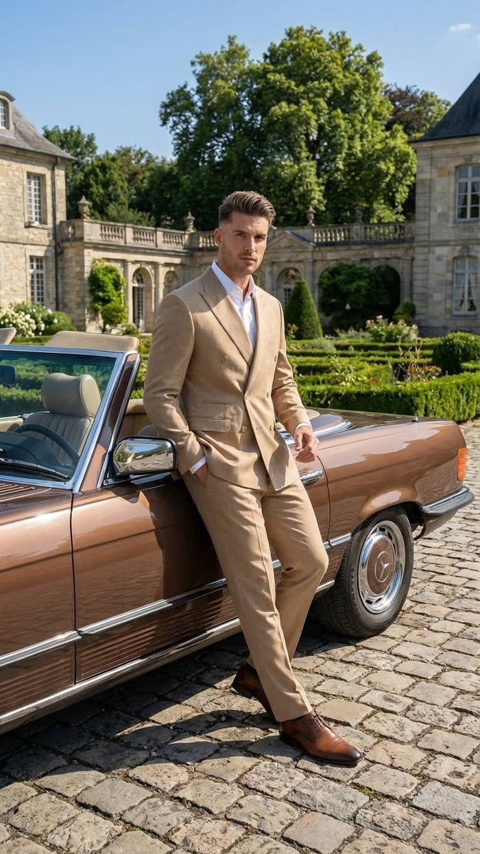 Vitali Brand Men’s Beige Double Breasted Suit - Classic Wedding, Prom & Party Wear Formal Outfit Khaki Camel Color USA Men's Outlet