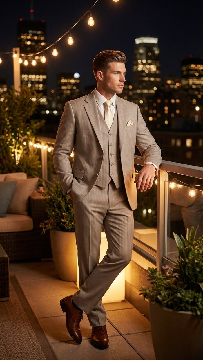 Men’s Light Tan Pinstripe 3 Piece Suit with Jacket, Vest, and Pants - Shadow Stripe Tone Tone Pleated Pants Classic by USA Men's Outlet