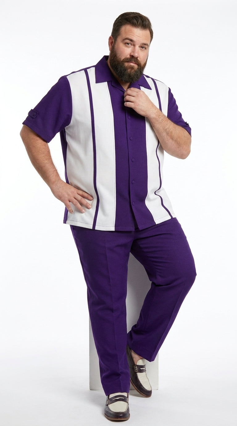 Men’s Purple and White Walking Suit – 2-Piece Short Sleeve Casual Leisure Outfit