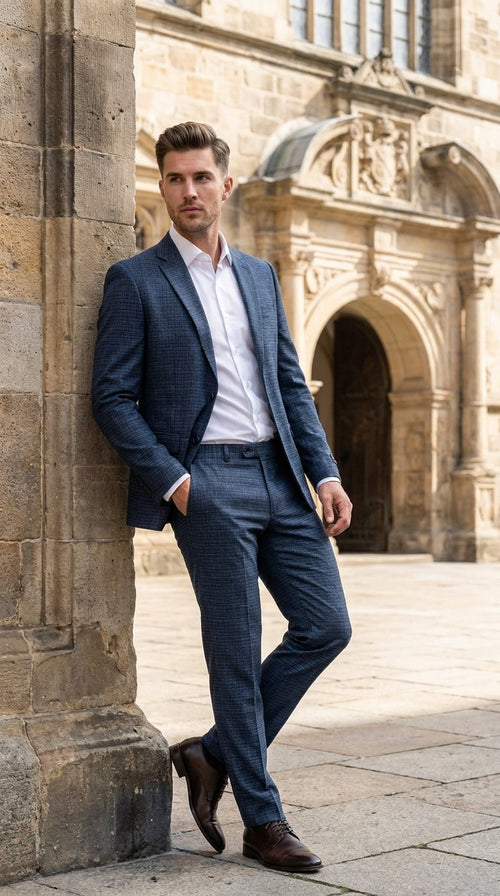 Men's Blue Micro Check Hounstooth small windowpane plaid  3-Piece Suit – Vested Slim Fit Business, Wedding & Formal Suit