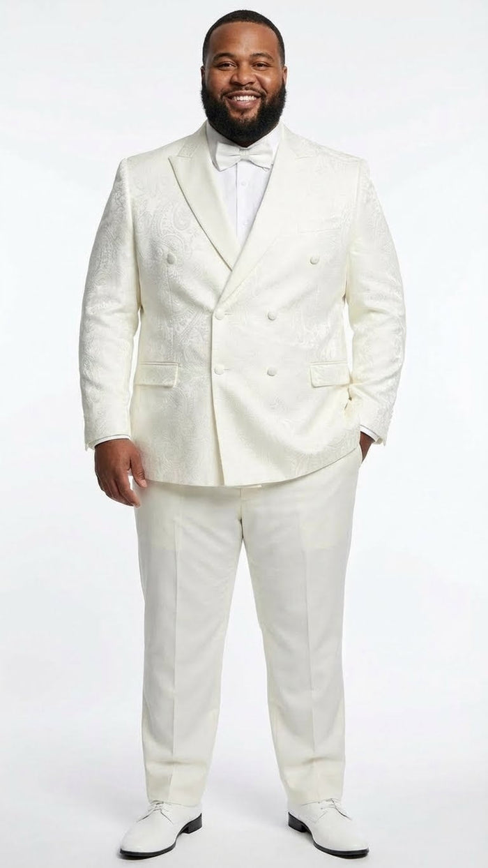 Men’s Ivory Double Breasted Tuxedo Dinner Jacket - Textured Blazer Paisley Texture Pattern in Off White Cream Color + Bowtie by USA Men's Outlet