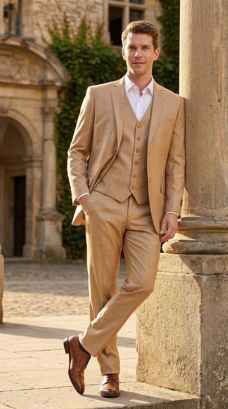 Men’s Camel Khaki Bronze Sharkskin 3-Piece Suit – Modern Wedding, Business and Formal Suit with Matching Vest