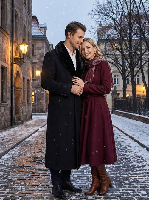 Men’s Black Long Overcoat with Faux Fur Collar, Full Length Winter Topcoat for Formal and Business Wear