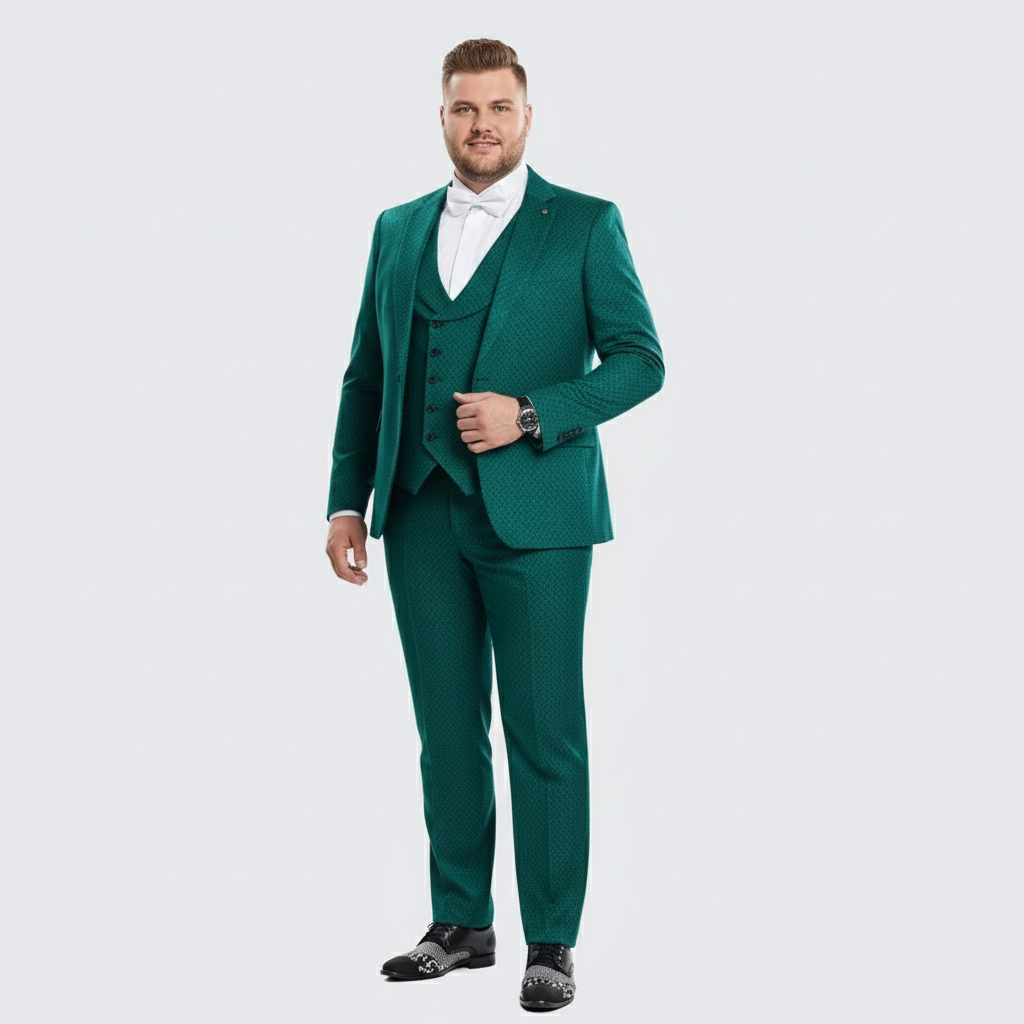 Men’s Emerald Green Textured 3-Piece Suit - Polk Dot Pattern Formal Wedding, Prom, and Evening Wear Outfit by USA Men's Outlet