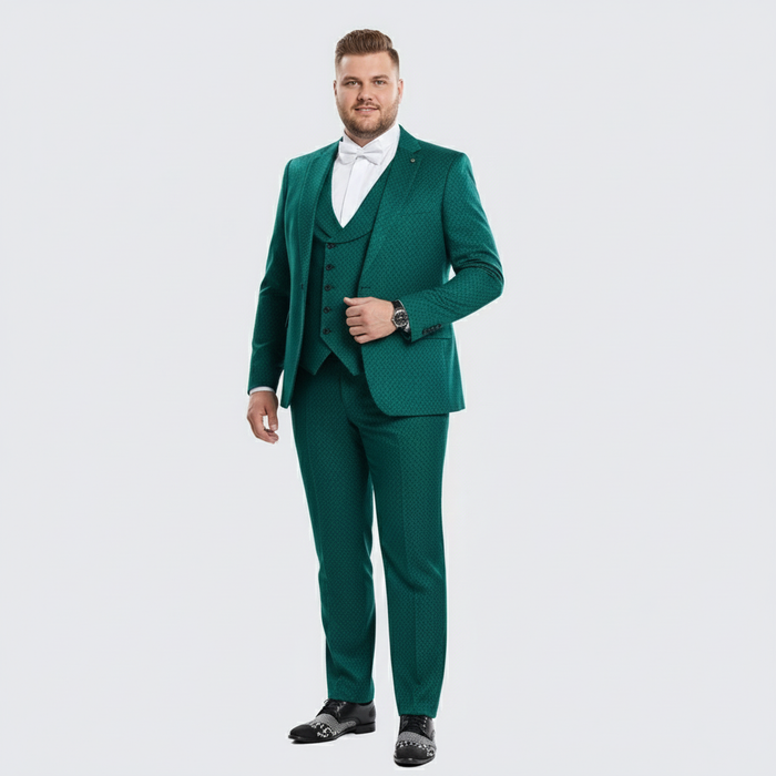 Men’s Emerald Green Textured 3-Piece Suit - Polk Dot Pattern Formal Wedding, Prom, and Evening Wear Outfit by USA Men's Outlet