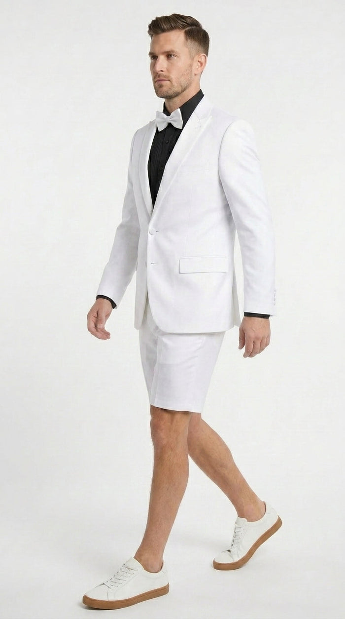 Men’s White Tuxedo Suit with Shorts – Modern Formal Blazer and Short Pants Set for Wedding, Prom Summer Fabric