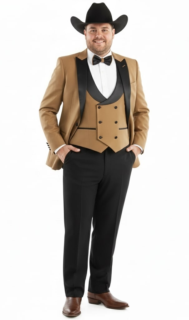 Mens Western Cowboy Tuxedo - Tan and Black 3-Piece Suit with Satin Lapel and Vest in Mocca Coffee Color by USA Men's Outlet
