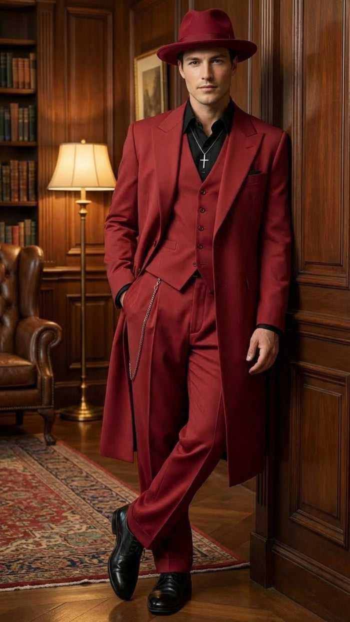 Men’s 1920s Red Zoot Suit - Long Mafia Gangster Three-Piece Vintage Outfit Zuit Pachuco Style by USA Men's Outlet
