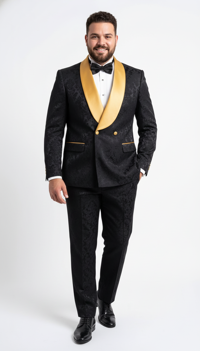 Men’s Black and Gold Jacquard Tuxedo Suit - Luxury Slim Fit Formal Wedding, Prom, and Gala Outfit by USA Men's Outlet
