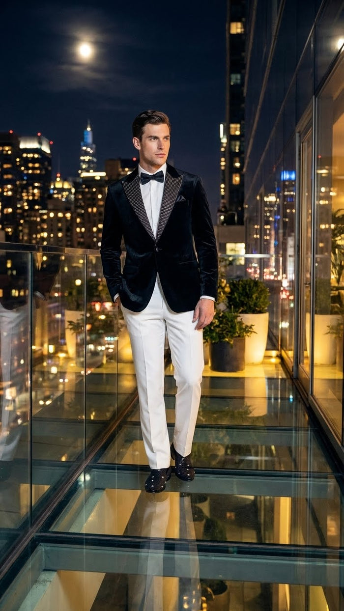 Men’s Black Velvet Tuxedo Blazer with Studded Lapel - Formal Evening Jacket by USA Men's Outlet