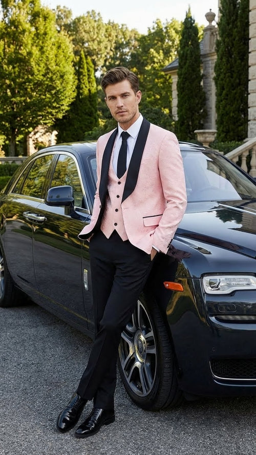 Men’s Blush Pink Tuxedo Suit Set with Black Shawl Lapel – 3 Piece Formal Wedding and Party Prom Vest + Black Pants
