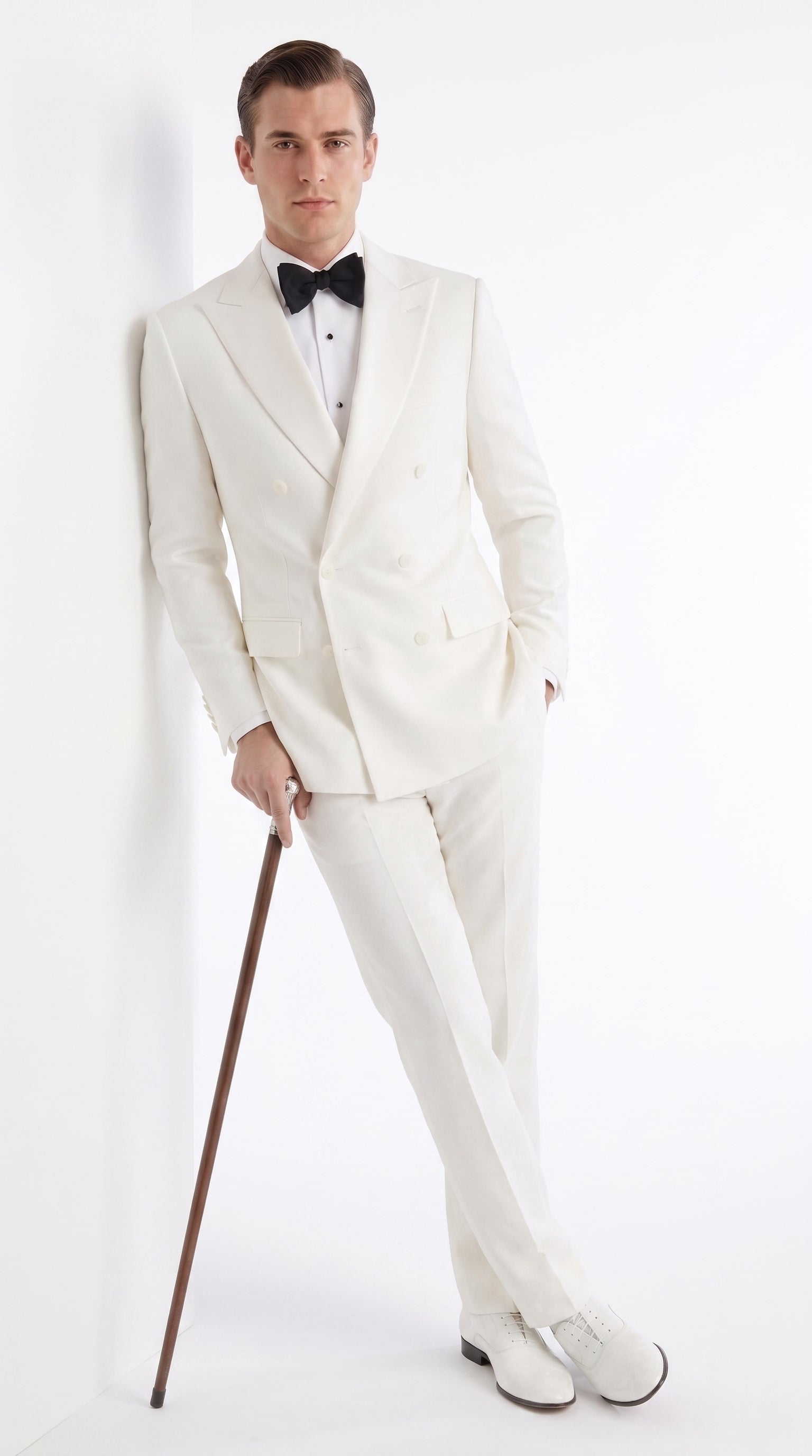 Men’s Ivory Double-Breasted Tuxedo – Vintage Wedding, Prom and Black-Tie Formal Suit off white cream