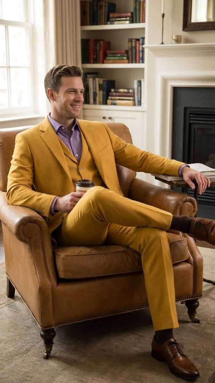 Men’s Mustard Yellow Three Piece Suit - 2 Button Notch Lapel Modern Fit in Gold Color - Church Suit by USA Men's Outlet