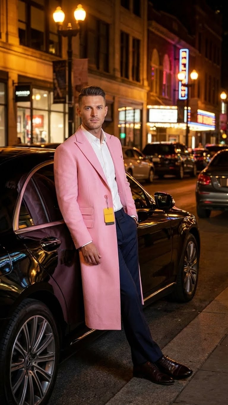 Men’s Pink Wool Blend Long Overcoat – Slim Fit Tailored Winter Coat - Carcoat - Topcoat
