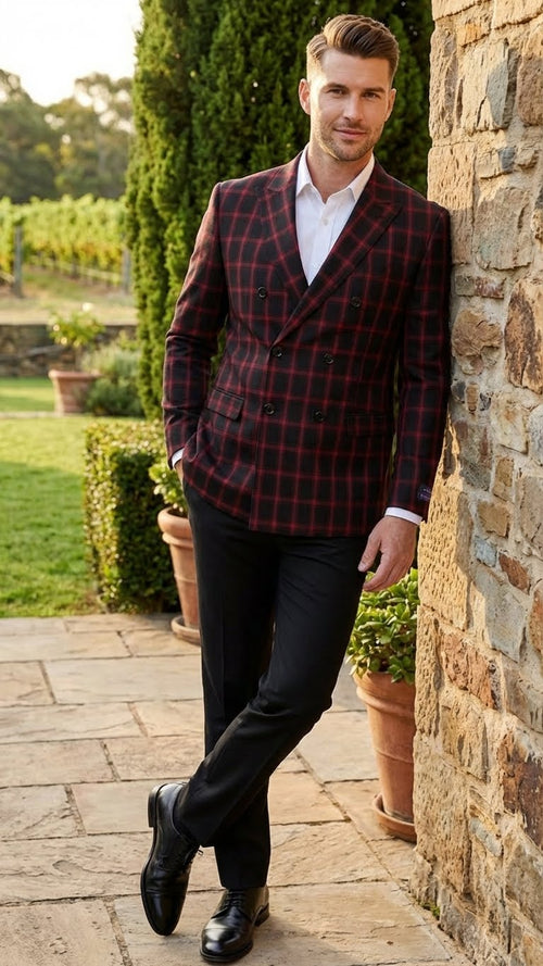 Men’s Black and Red Check Double Breasted Blazer - Sport Coat Jacket Windowpane Sportcoat Slim Fit by USA Men's Outlet