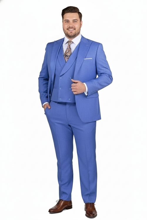 Men’s Light Blue Double-Breasted 3-Piece Suit Set – Tailored Fit Formal Business Suit in Steel Blue Sky Blue Color